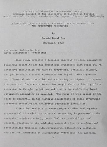 Cover for study of local government financial reporting practices and accounting principles.