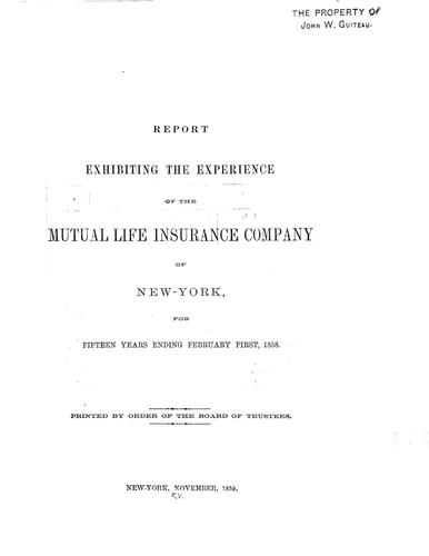 Cover for Report exhibiting the experience of the Mutual Life Insurance Company of New York for fifteen years ending February 1, 1858