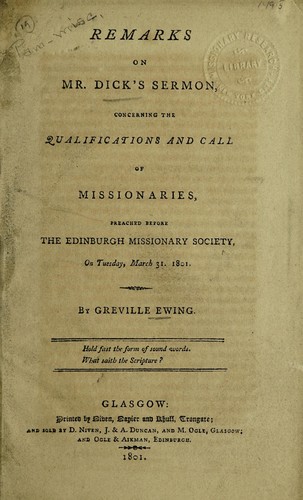 Cover for Remarks on Mr. Dick's sermon concerning the qualifications and call of missionaries