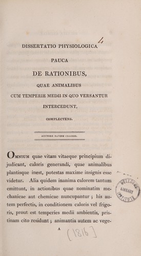 Cover for Dissertatio physiologica pauca de rationibus, quae animalibus cum temperie medii in quo versantur intercedunt, complectens