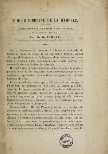 Cover for Tumeur fibreuse de la mamelle. Observation lue à la Société de chirurgie, dans sa séance du 7 mars 1849