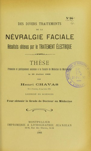 Cover for Des divers traitements de la n©♭vralgie faciale