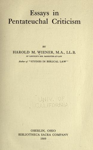 Cover for Essays in Pentateuchal criticism.