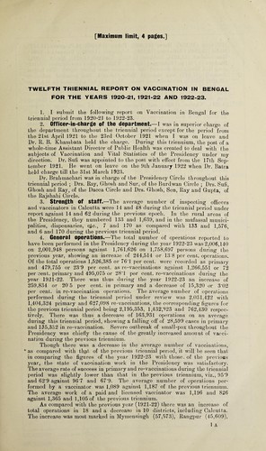 Cover for 12th triennial report of vaccination in Bengal