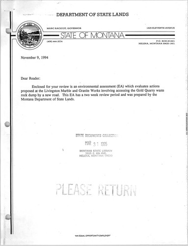 Cover for [Environmental assessment evaluating actions at the Livingston Marble and Granite Works involving accessing the Gold Quarry waste rock dump by a new road]