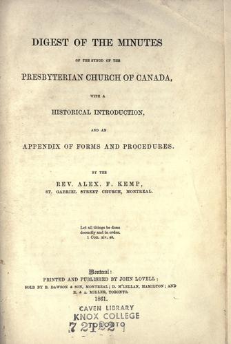 Cover for Digest of the Minutes of the Synod of the Presbyterian Church of Canada, with a historical introduction, and an appendix of forms and procedures