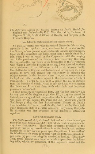 Cover for The differences between the statutes bearing on public health for England and Ireland