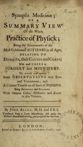 Cover for Synopsis medicinae ; or a summary view of the whole practice of physick