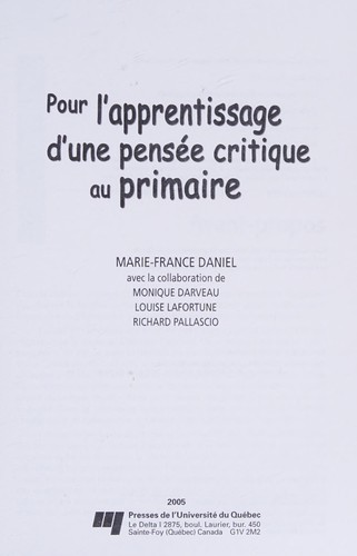 Cover for Pour l'apprentissage d'une pensée critique au primaire