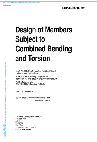 Cover for Design of Members Subject to Combined Bending and Torsion