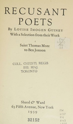 Cover for Recusant Poets With a Selection from their Work vol. I