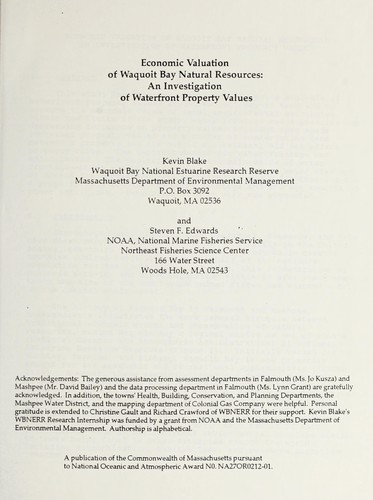 Cover for Economic valuation of Waquoit Bay natural resources
