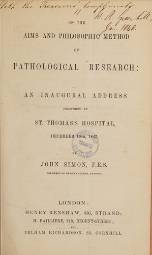 Cover for On the aims and philosophic method of pathological research: an inaugural address delivered at St. Thomas's Hospital. December 15th, 1847