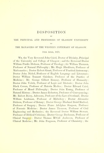 Cover for Disposition by the Principal and professors of the University of Glasgow, to the managers of the Western Infirmary of Glasgow, dated 18th April, 1878