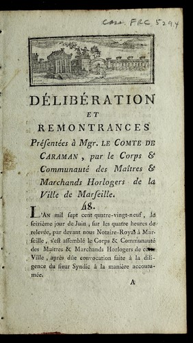 Cover for De libe ration et remontrances pre sente es a   Mgr. le Comte de Caraman