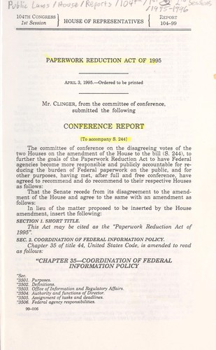 Cover for Paperwork Reduction Act of 1995
