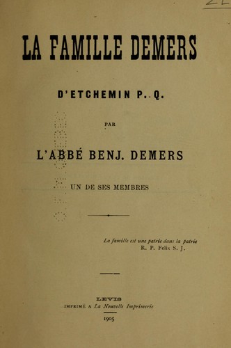 Cover for La Famille Demers d'Etchemin, P.Q.