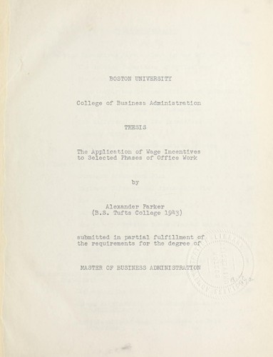 Cover for Application of wage incentives to selected phases of office work