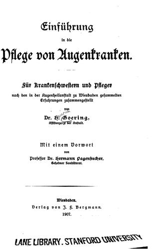 Cover for Einfuehrung in die Pflege von Augenkranken