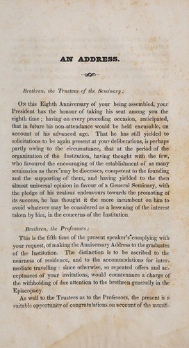 Cover for An address delivered at the commencement of the General Theological Seminary of the Protestant Episcopal Church in the United States