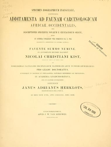 Cover for Specimen zoographicum inaugurale, continens additamenta ad faunam carcinologicam Africae occidentalis, sive, Descriptiones specierum novarum e Crustacecrum ordine quas in Guinea