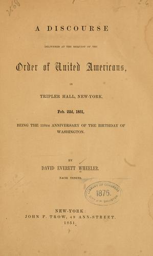 Cover for A discourse delivered at the request of the Order of the United Americans