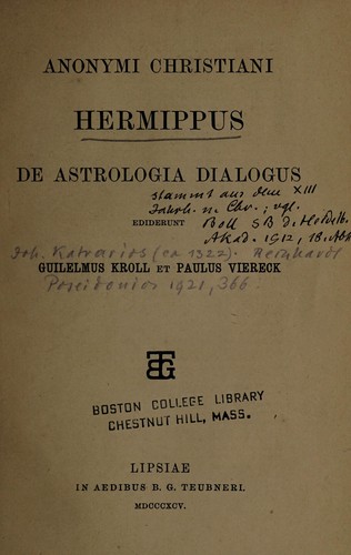 Cover for Anonymi Christiani Hermippus De astrologia dialogus