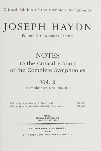 Cover for Notes to the critical edition of the complete symphonies [of] Joseph Haydn