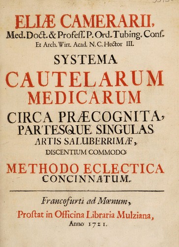 Cover for Systema cautelarum medicarum. Circa praecognita, partesque singulas artis saluberrimae, discentium commodo methodo eclectica concinnatum