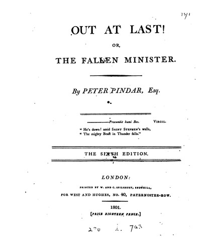 Cover for Out at last! or, The fallen minister, by Peter Pindar