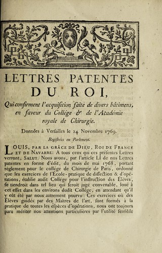 Cover for Lettres patentes du Roi, qui confirment l'acquisition faite de divers bâtimens, en faveur du collége & de l'académie royale de chirurgie
