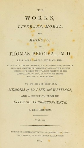 Cover for The works, literary, moral, and medical of Thomas Percival
