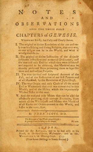 Cover for Notes and observations upon the three first chapters of Genesis