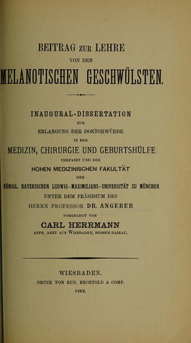 Cover for Beitrag zur Lehre von den melanotischen Geschwülsten ...
