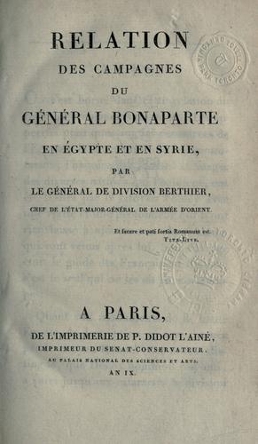 Cover for Relations des campagnes du Général Bonaparte en Égypte et en Syrie