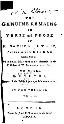 Cover for The genuine remains in verse and prose of Mr. Samuel Butler