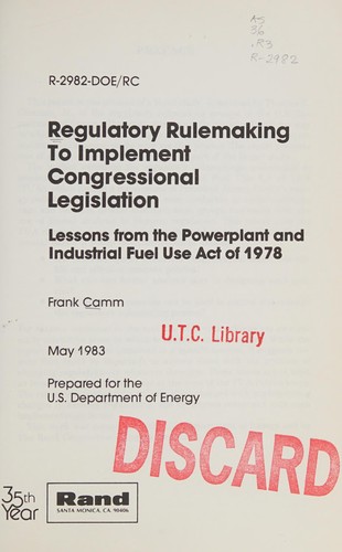 Cover for Regulatory rulemaking to implement congressional legislation