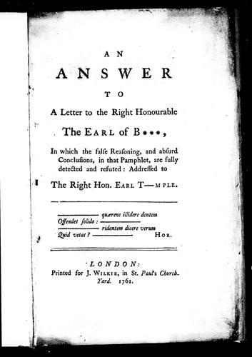 Cover for An Answer to a letter to the Right Honourable The Earl of B*** [i. e. Bute]