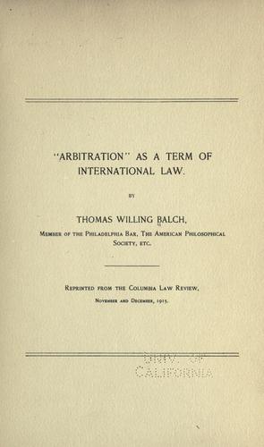 Cover for "Arbitration" as a Term of International Law
