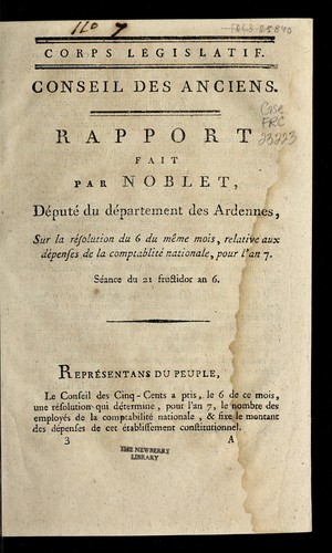Cover for Rapport fait par Noblet, de pute  du de partement des Ardennes, sur la re solution du 6 du me me mois, relative aux de penses de la comptab[i]lite  nationale, pour l'an 7