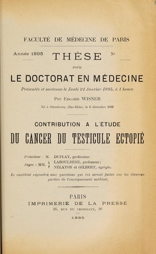 Cover for Contribution à l'étude du cancer du testicle ectopié ...