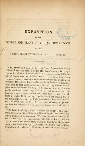 Cover for Exposition of the object and plans of the American union for the relief and improvement of the colored race.