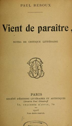 Cover for "Vient de paraître"