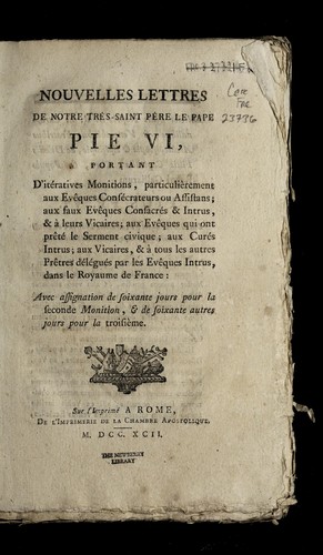 Cover for Nouvelles lettres de Notre Tre  s-Sainte-Pe  re le pape, Pie VI