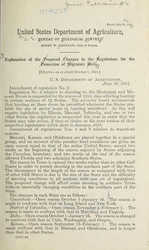 Cover for Explanation of the proposed changes in the regulations for the protection of migratory birds effective on or about October 1, 1914