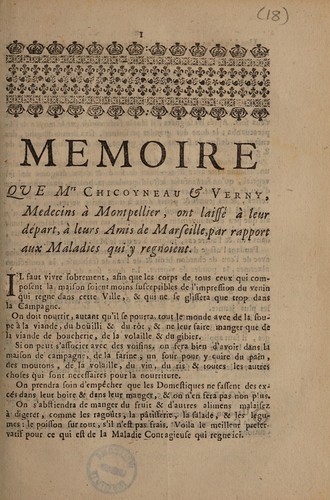 Cover for Memoire que Mrs. Chicoyneau et Verny ... ont laissé à leur départ, à leurs amis de Marseille, par rapport aux maladies qui y regnoient