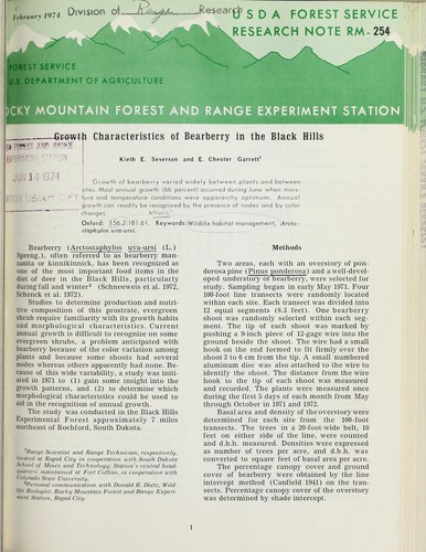 Cover for Growth characteristics of bearberry in the Black Hills