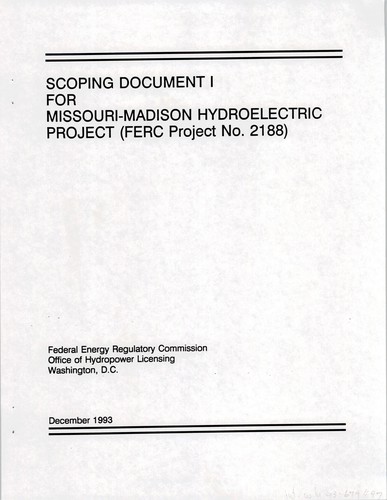 Cover for Scoping document 1 for Missouri-Madison Hydroelectric Project (FERC Project No. 2188)