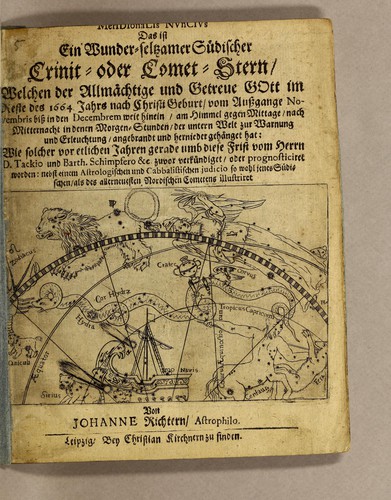 Cover for Meridionalis nuncius das ist Ein wunder-seltzamer südischer Crinit- oder Comet-Stern, welchen der allmächtige und getreue Gott im Reste des 1664. Jahrs nach Christi Geburt, vom Aussgange Novembris biss in den Decembrem weit hinein, am Himmel gegen Mittage, nach Mitternacht in denen Morgen-Stunden, der untern Welt zur Warnung und Erleuchtung, angebrandt und hernieder gehänget hat