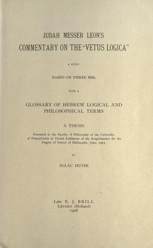 Cover for Judah Messer Leon's Commentary on the "Vetus Logica"